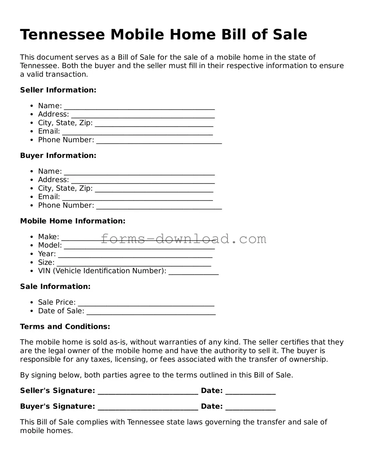 Attorney-Approved Mobile Home Bill of Sale Document for the State of Tennessee