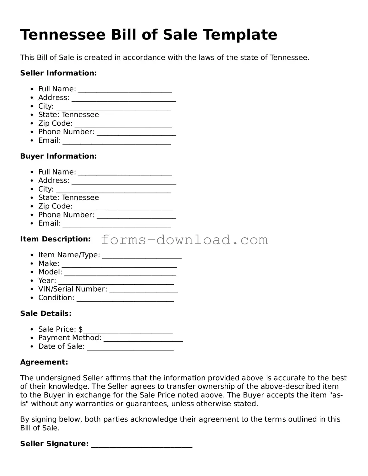 Attorney-Approved Bill of Sale Document for the State of Tennessee