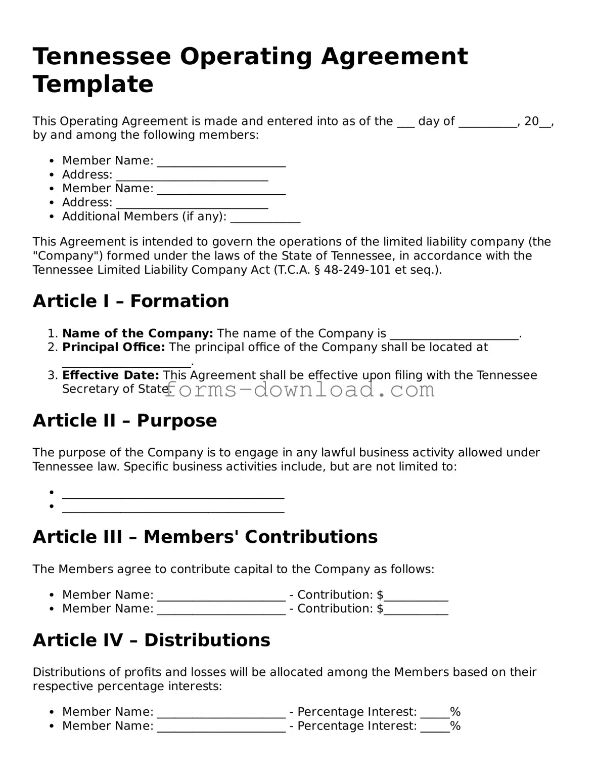 Attorney-Approved Operating Agreement Document for the State of Tennessee