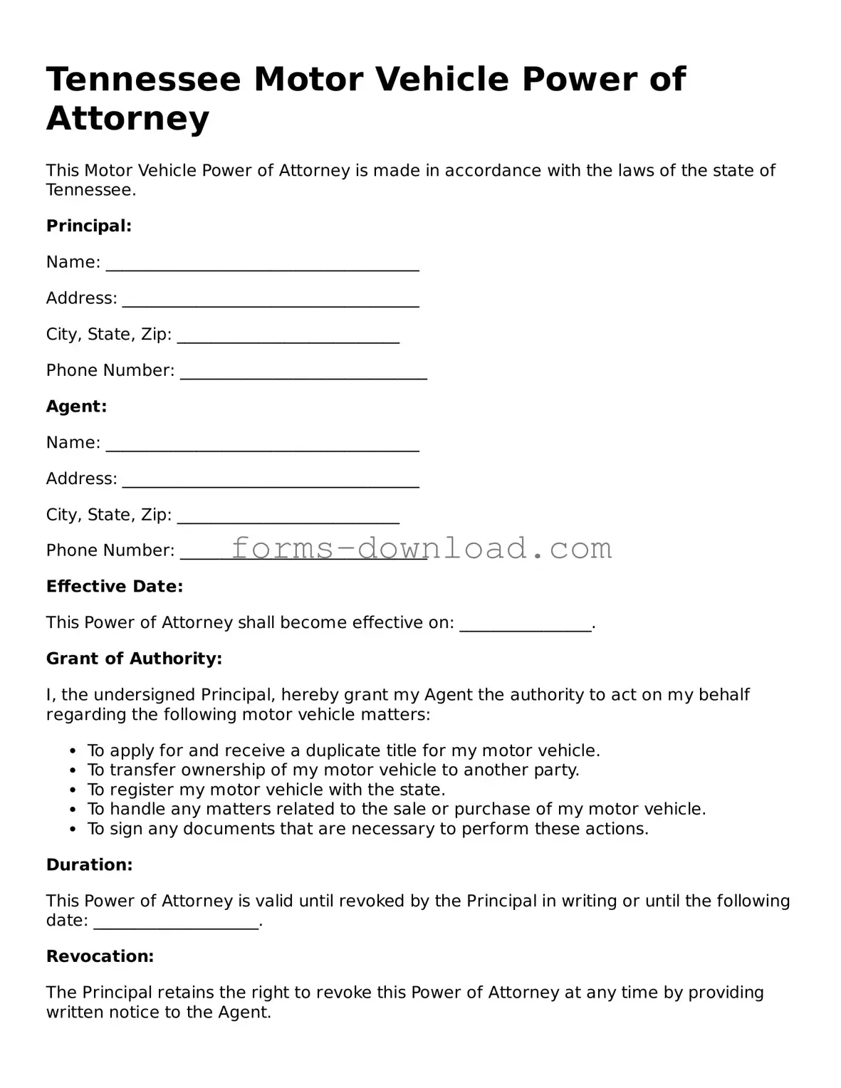 Attorney-Approved Motor Vehicle Power of Attorney Document for the State of Tennessee