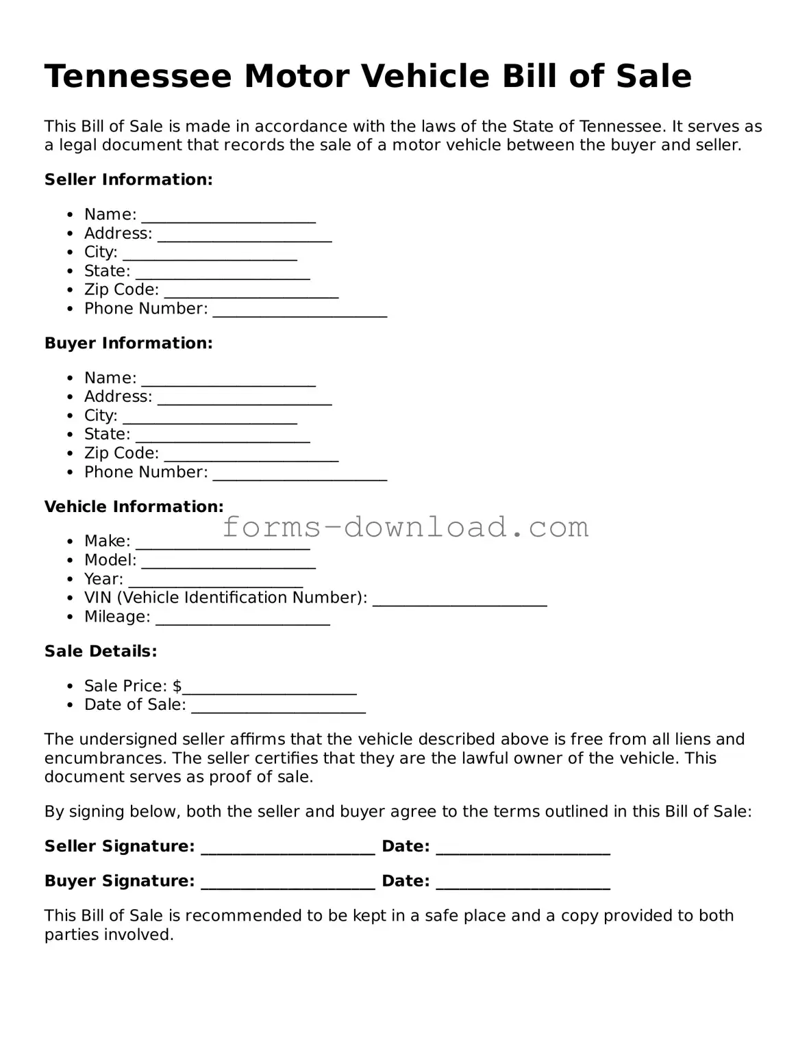 Attorney-Approved Motor Vehicle Bill of Sale Document for the State of Tennessee