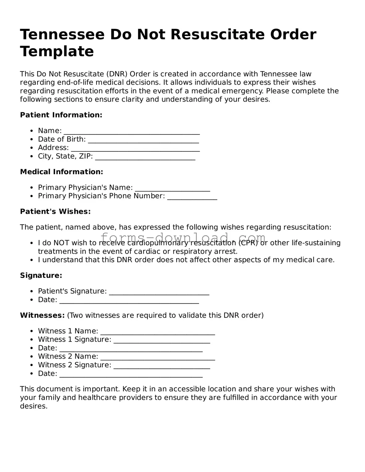 Attorney-Approved Do Not Resuscitate Order Document for the State of Tennessee