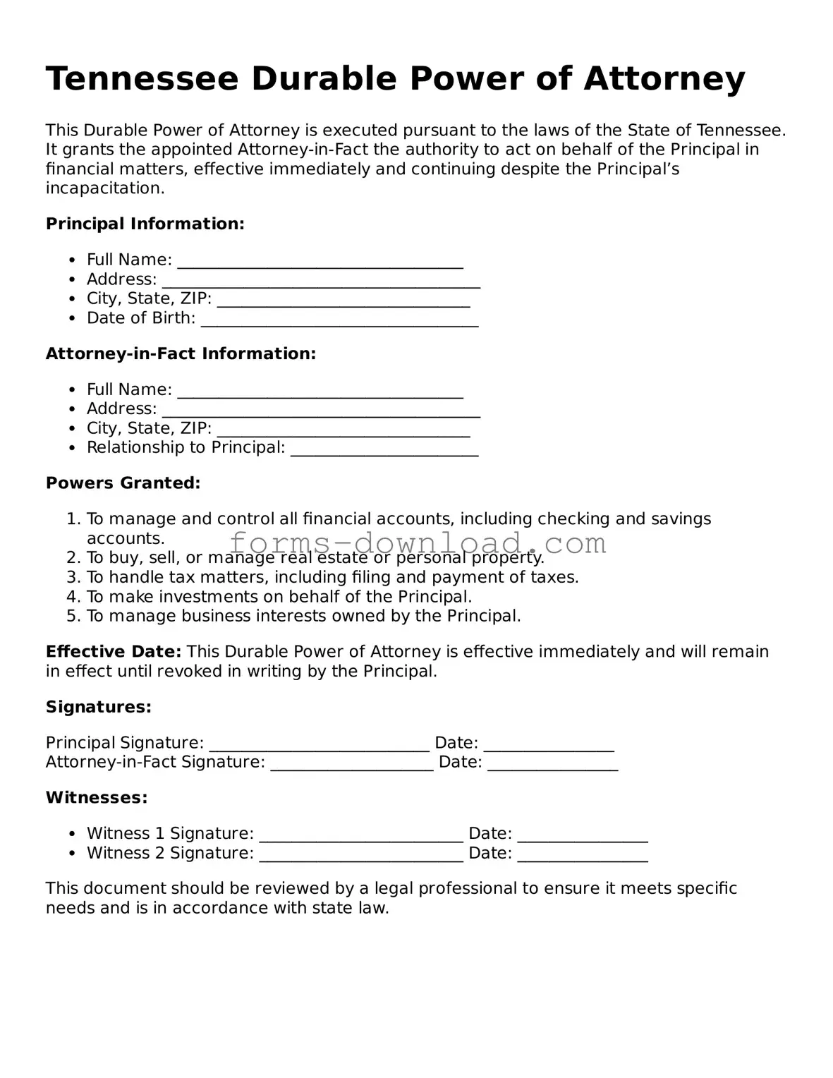 Attorney-Approved Durable Power of Attorney Document for the State of Tennessee