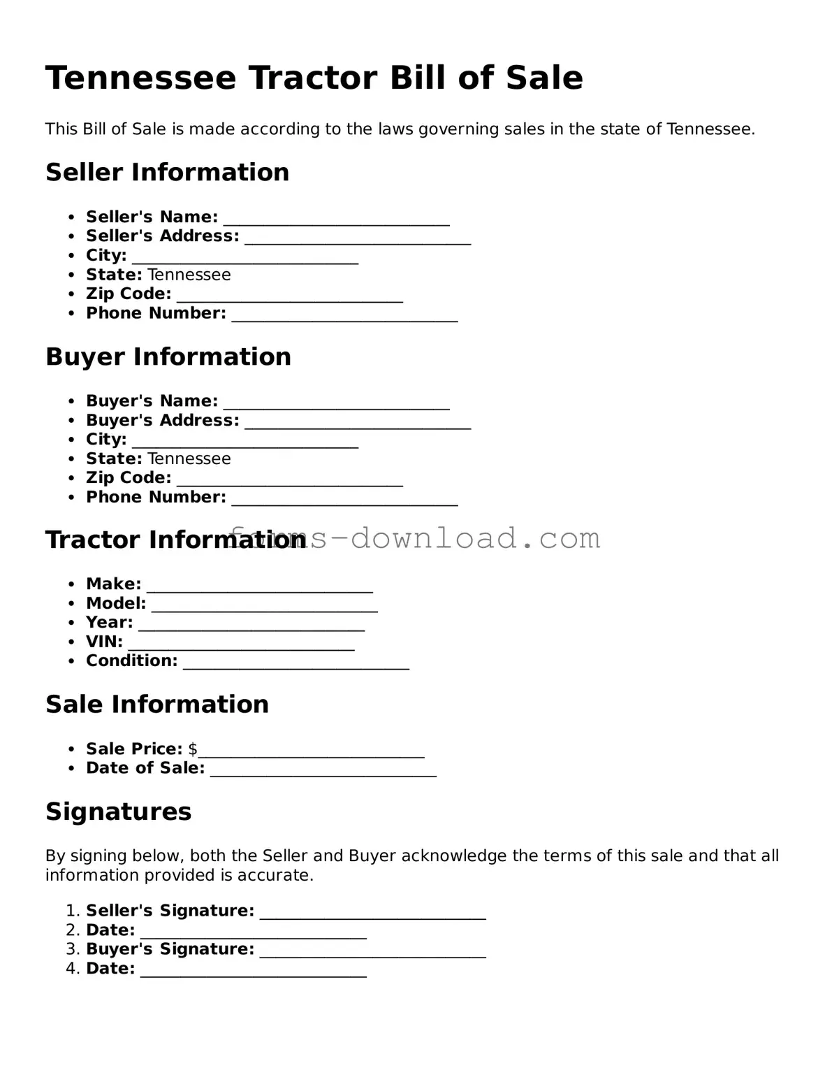 Attorney-Approved Tractor Bill of Sale Document for the State of Tennessee