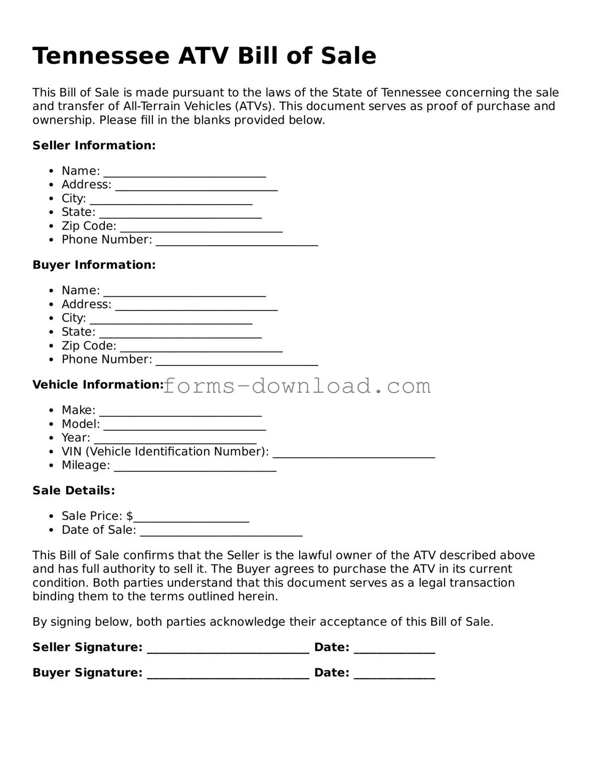 Attorney-Approved ATV Bill of Sale Document for the State of Tennessee