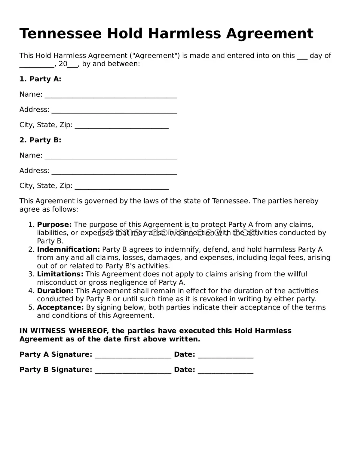 Attorney-Approved Hold Harmless Agreement Document for the State of Tennessee
