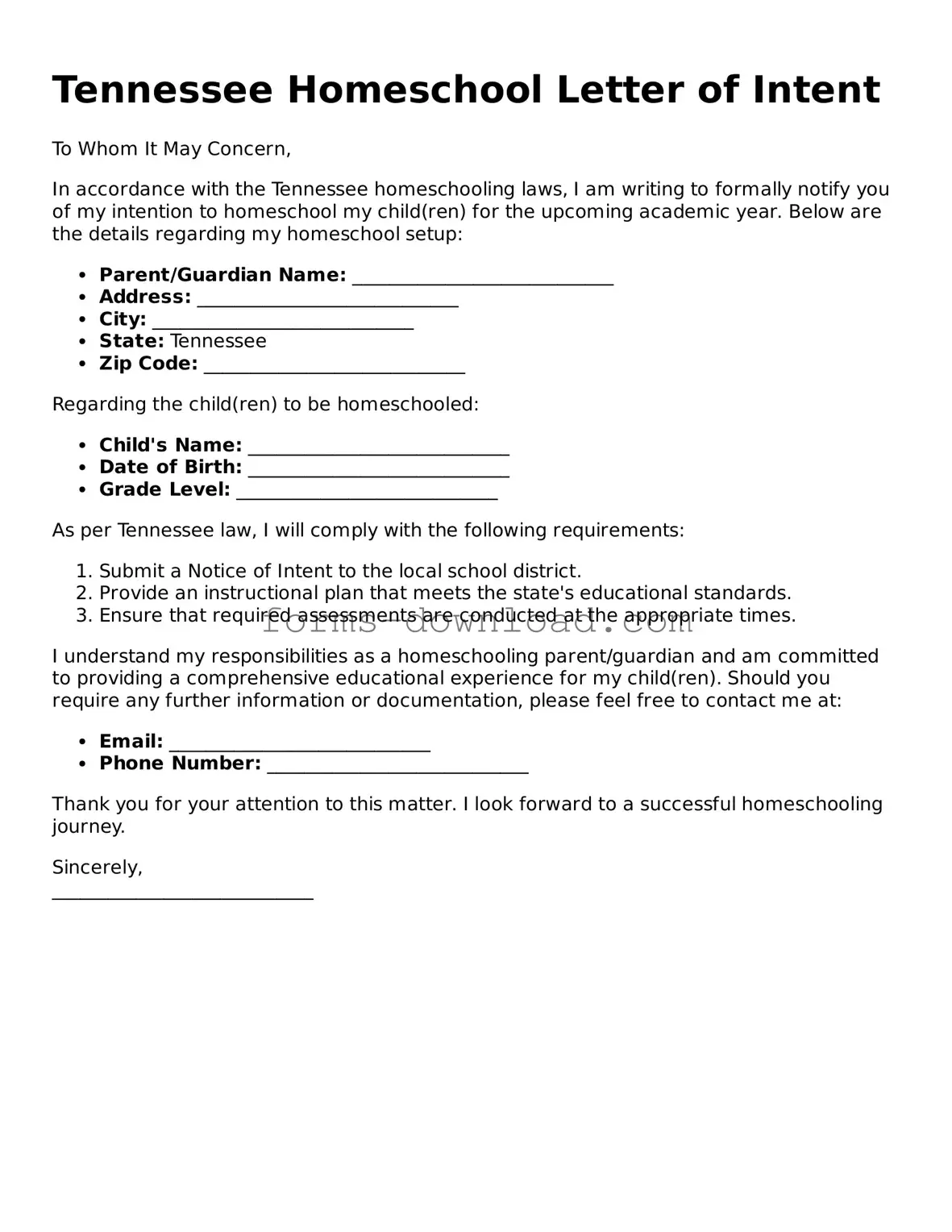 Attorney-Approved Homeschool Letter of Intent Document for the State of Tennessee