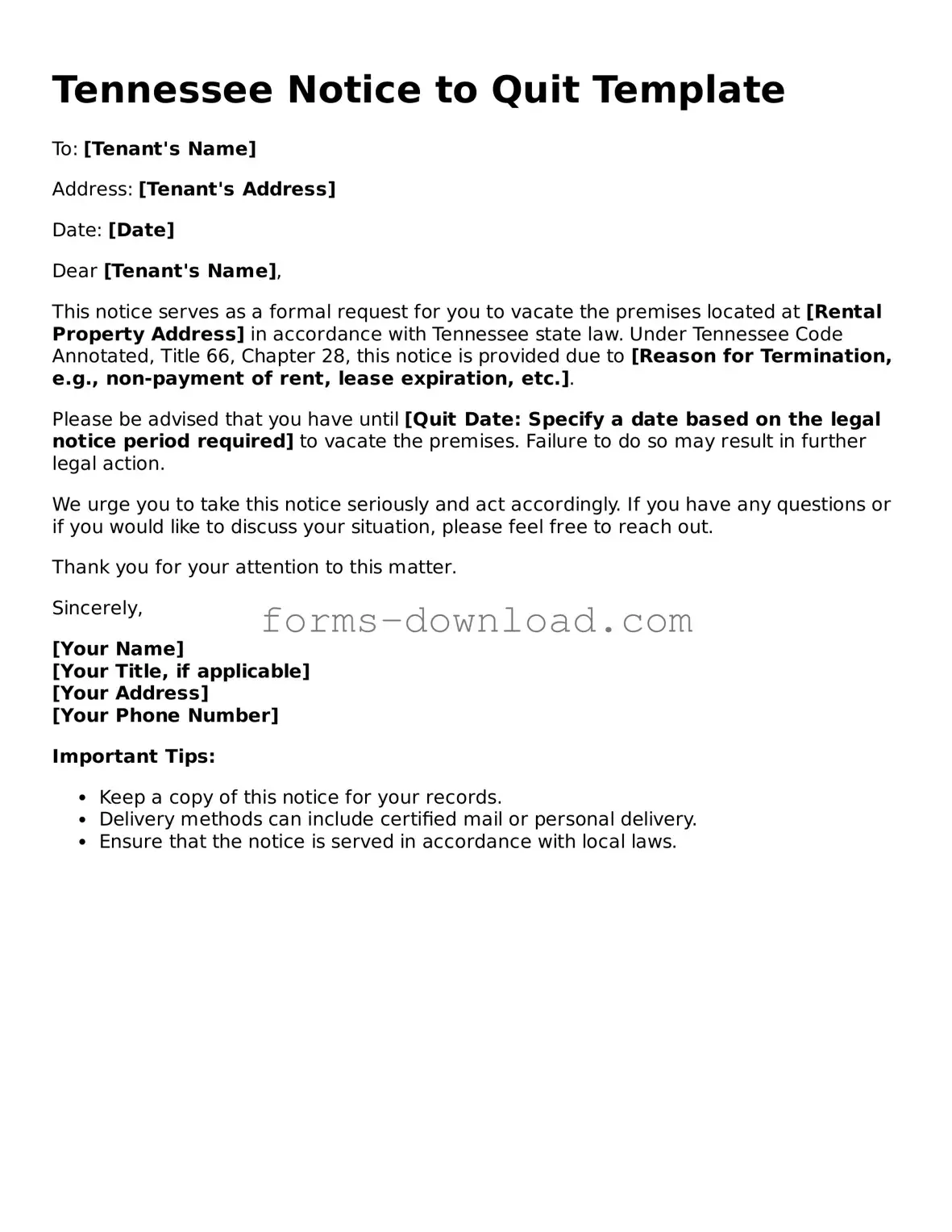 Attorney-Approved Notice to Quit Document for the State of Tennessee