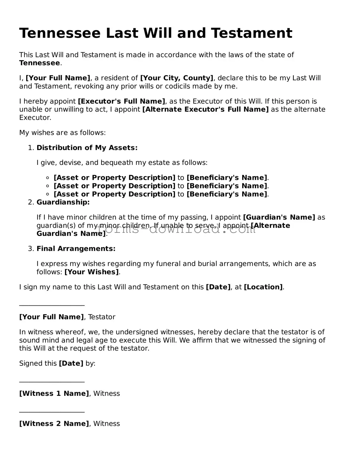Attorney-Approved Last Will and Testament Document for the State of Tennessee
