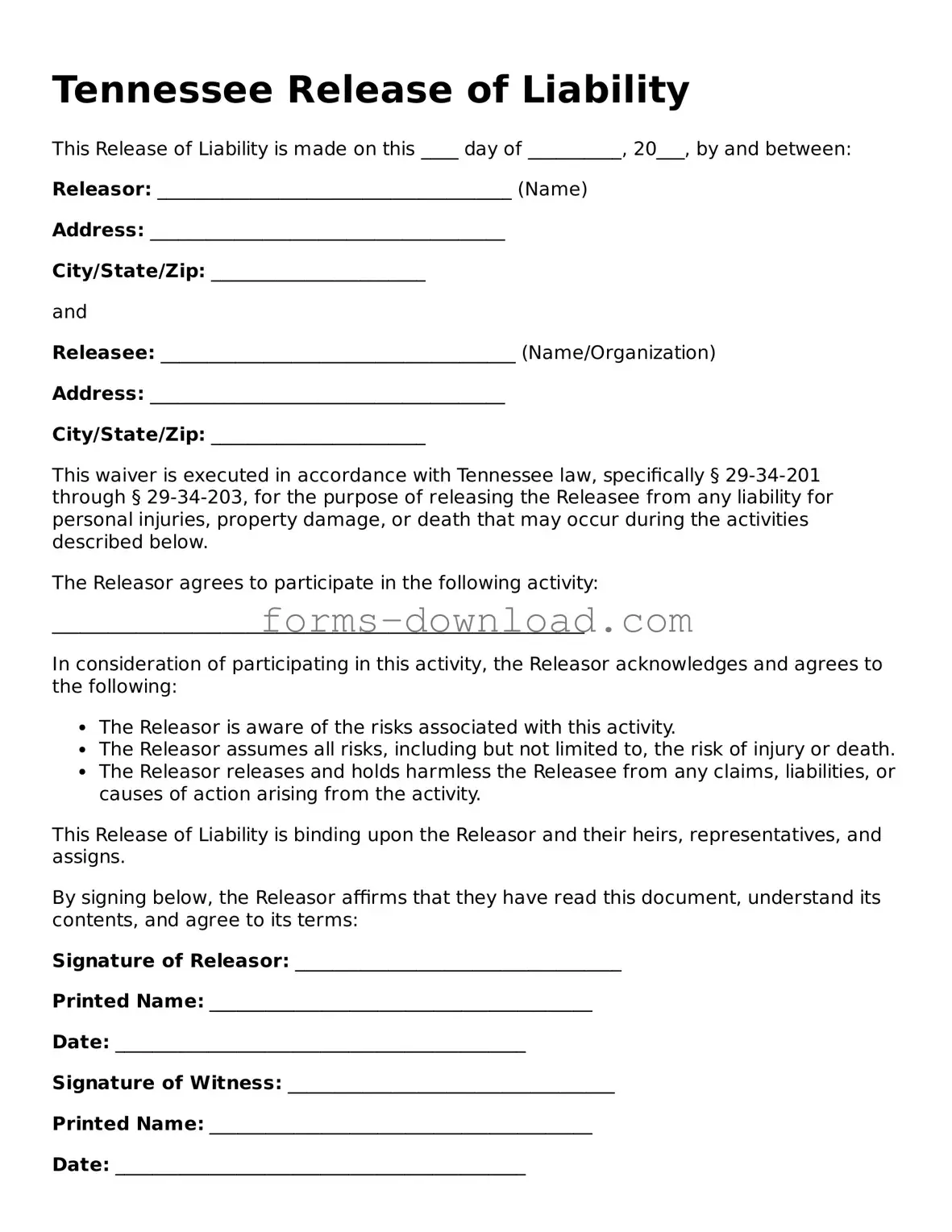 Attorney-Approved Release of Liability Document for the State of Tennessee