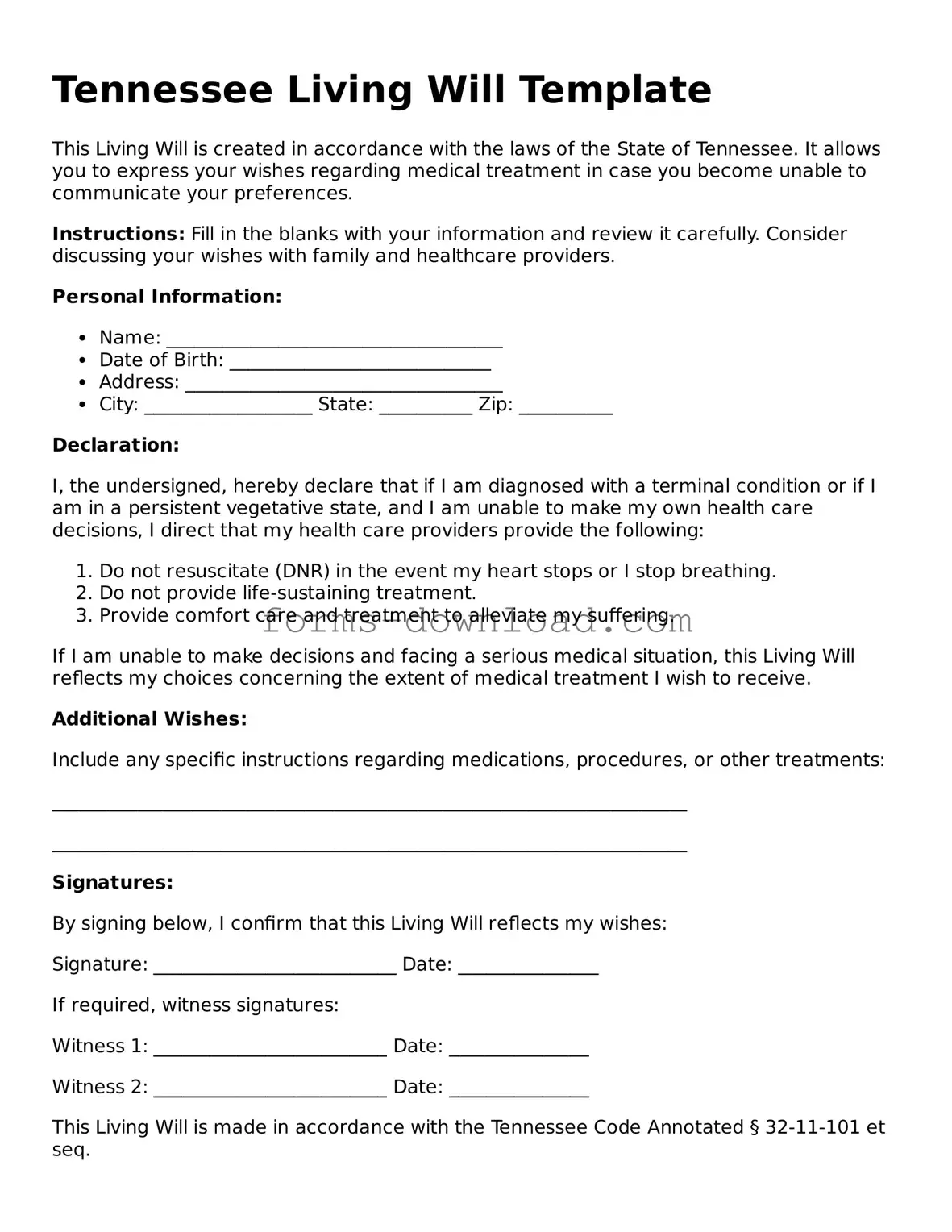 Attorney-Approved Living Will Document for the State of Tennessee
