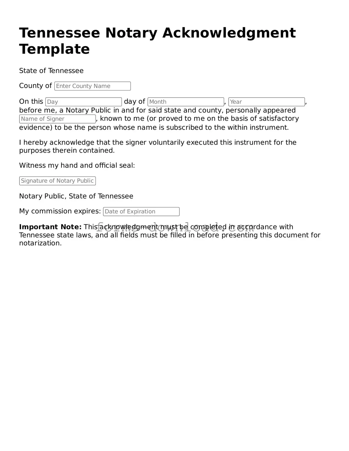 Attorney-Approved Notary Acknowledgement Document for the State of Tennessee