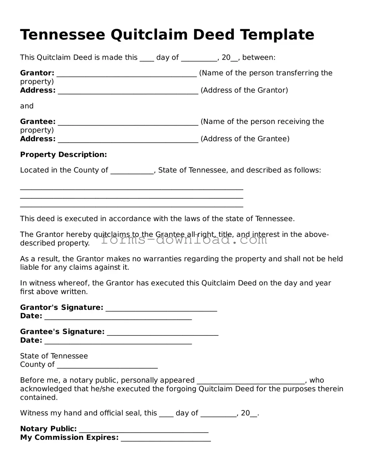 Attorney-Approved Quitclaim Deed Document for the State of Tennessee