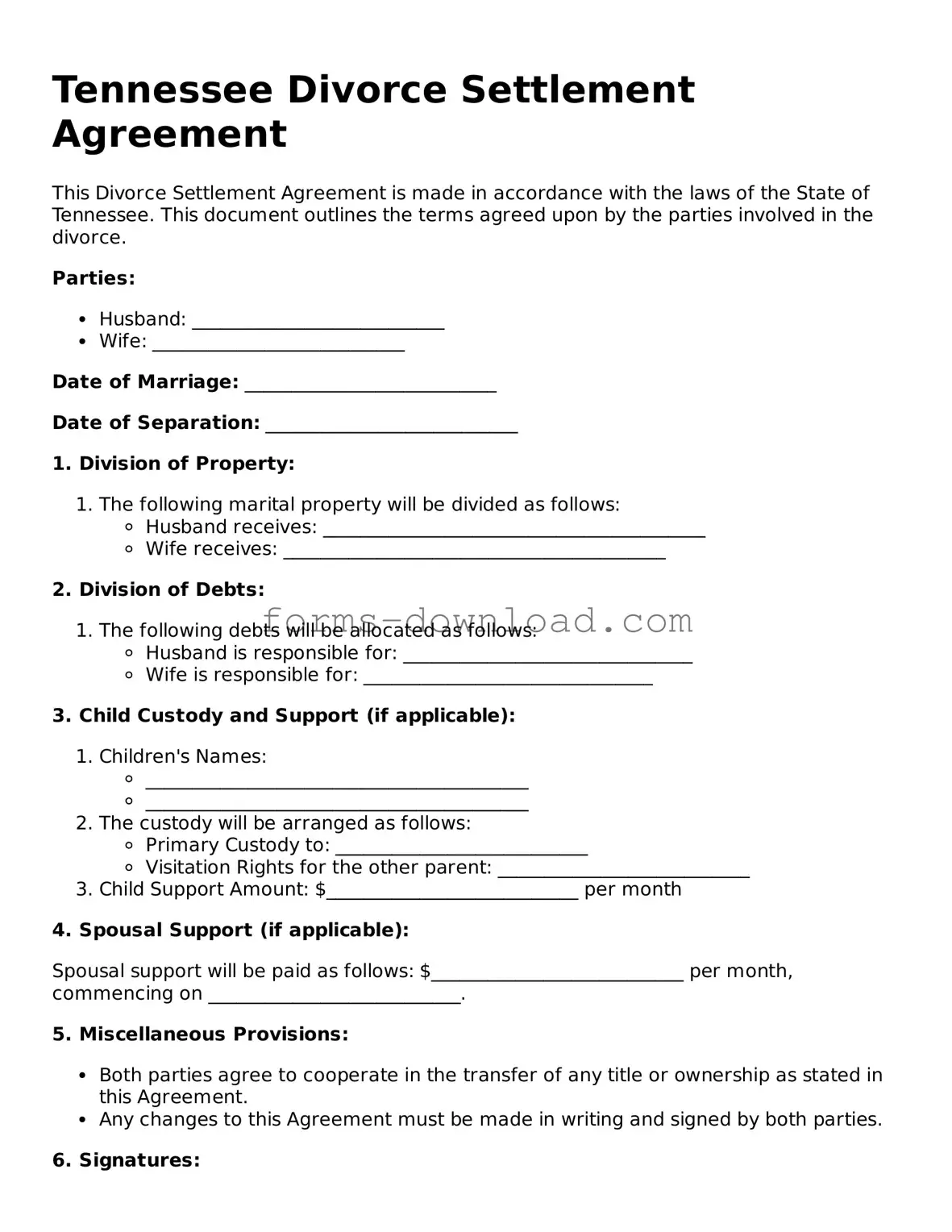 Attorney-Approved Divorce Settlement Agreement Document for the State of Tennessee