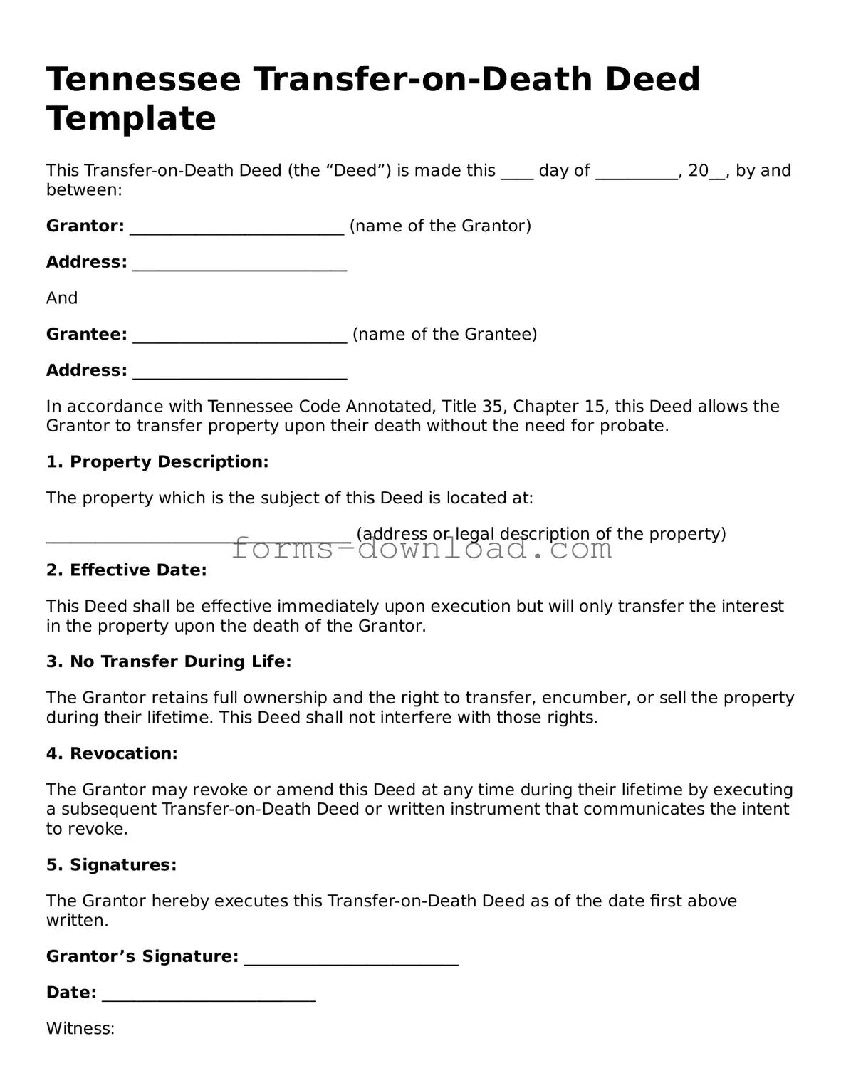 Attorney-Approved Transfer-on-Death Deed Document for the State of Tennessee