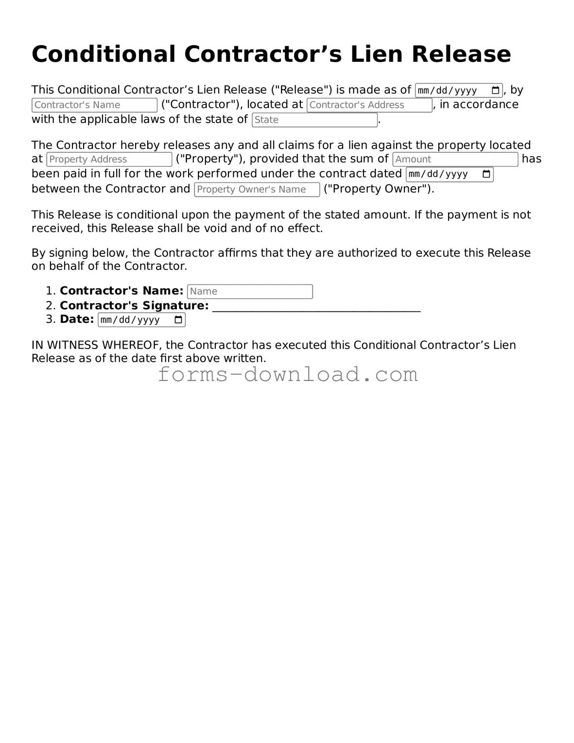 Fillable Conditional Contractor’s Lien Release Form