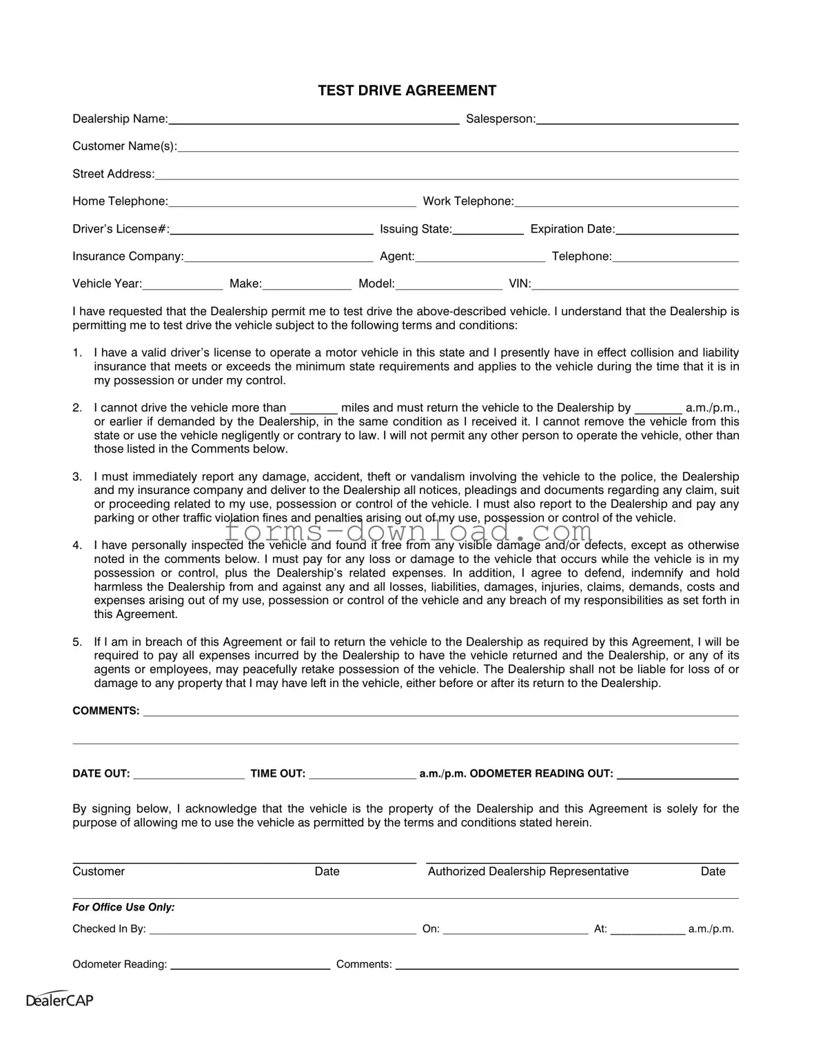 Blank Test Drive Form