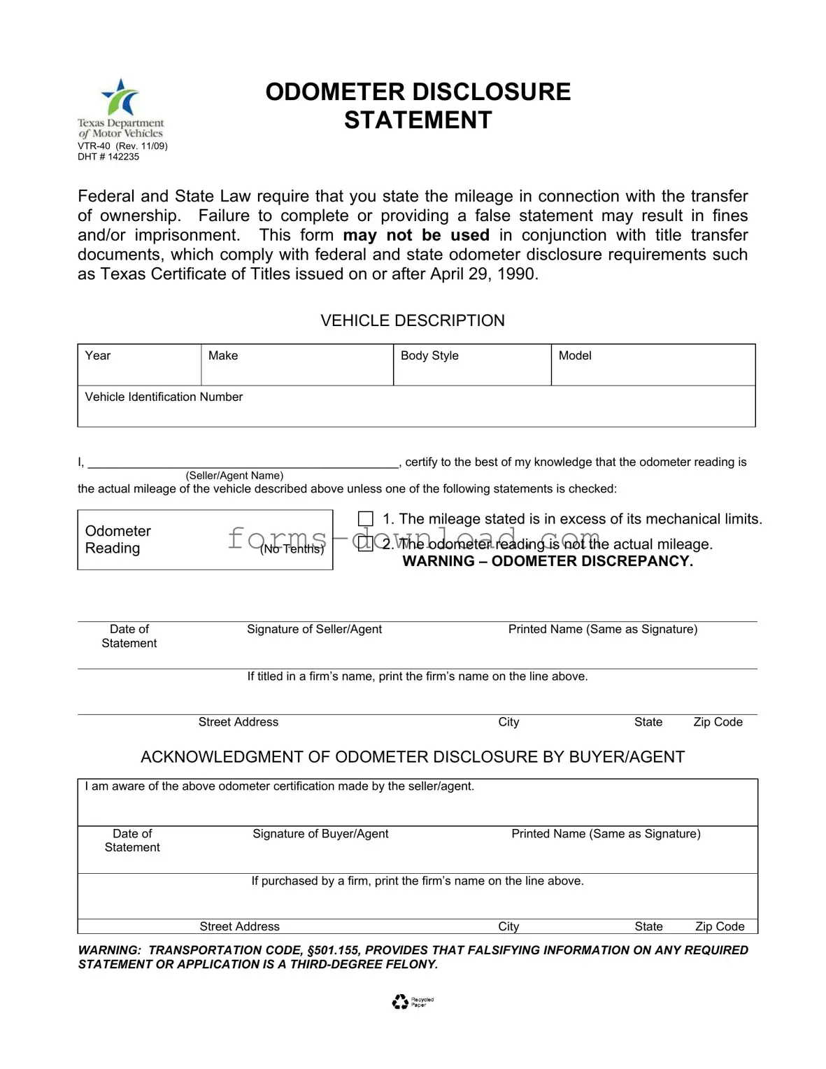 Blank Texas Odometer Statement Form