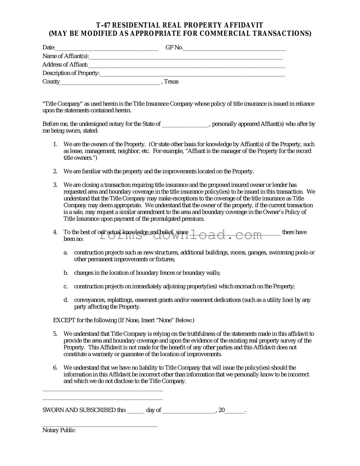 Blank Texas residential property affidavit T-47 Form