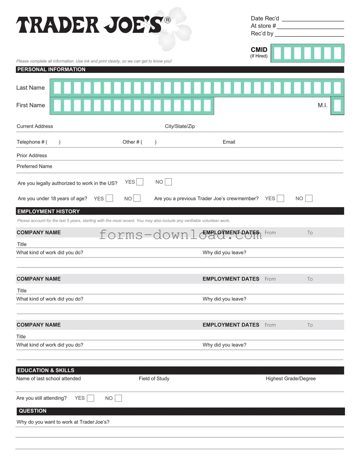 Blank Trader Joe's application Form