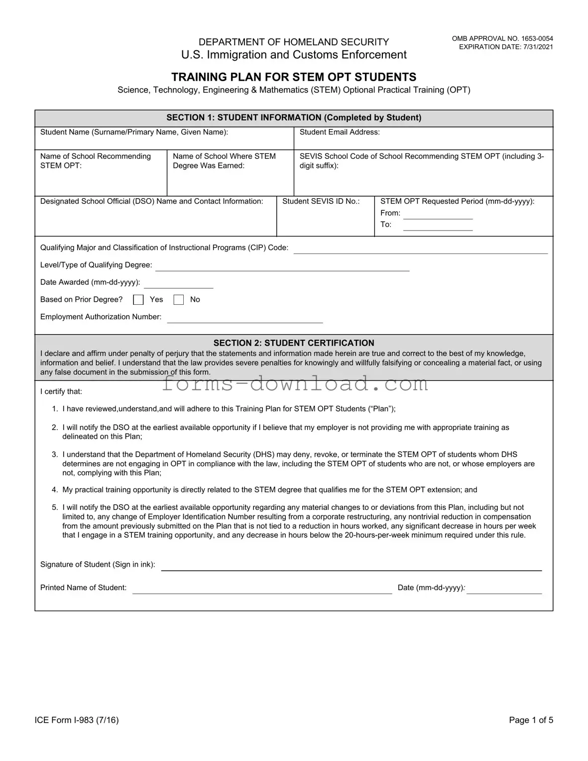 Blank ICE I-983 Form