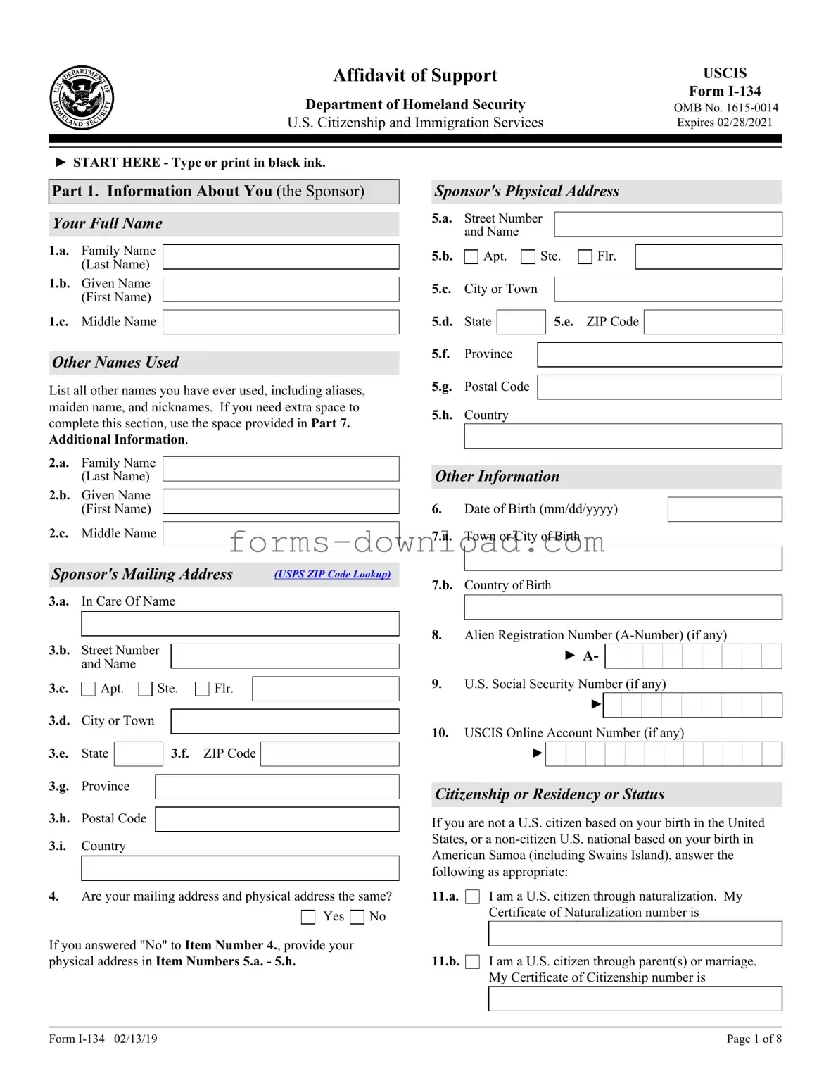 Blank USCIS I-134 Form