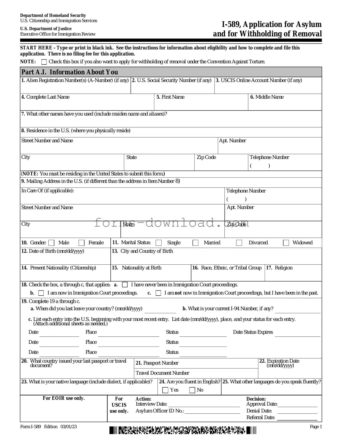 Blank USCIS I-589 Form
