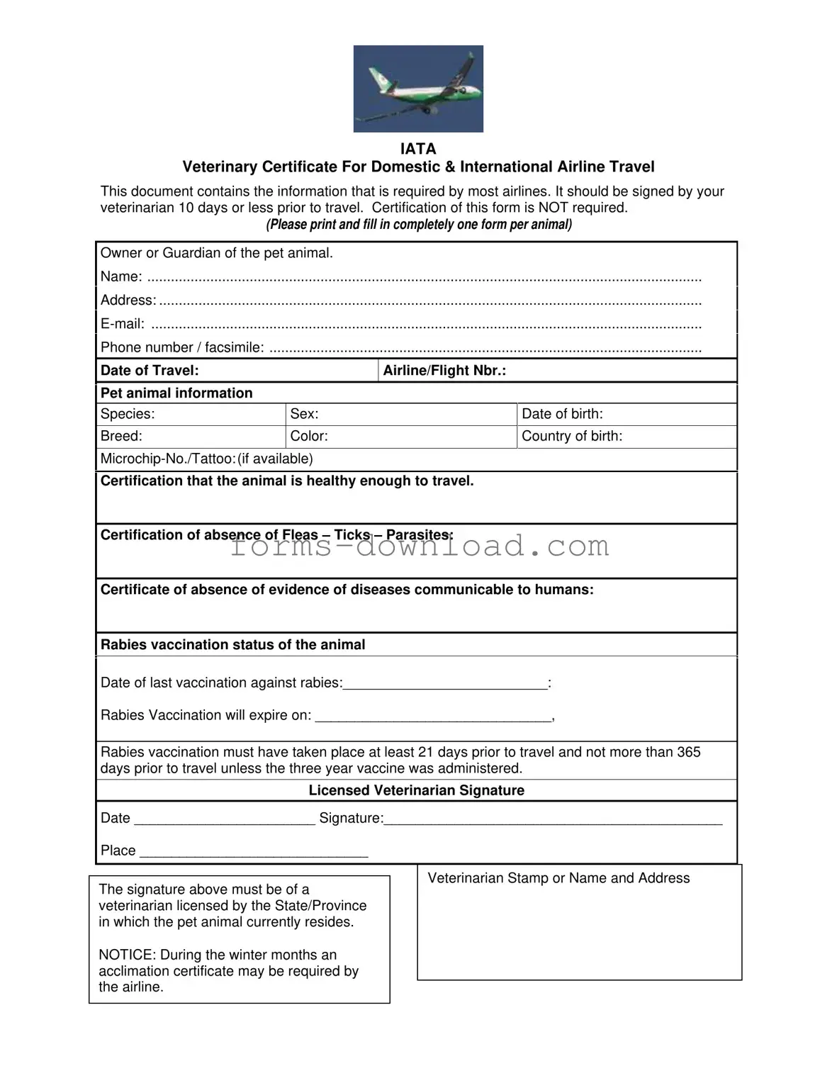 Blank Veterinary Certificate Travel Form