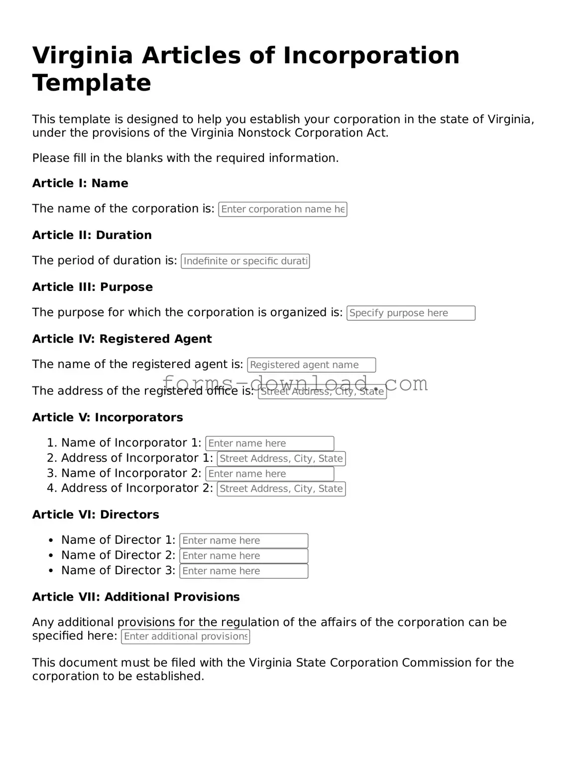 Attorney-Approved Articles of Incorporation Document for the State of Virginia