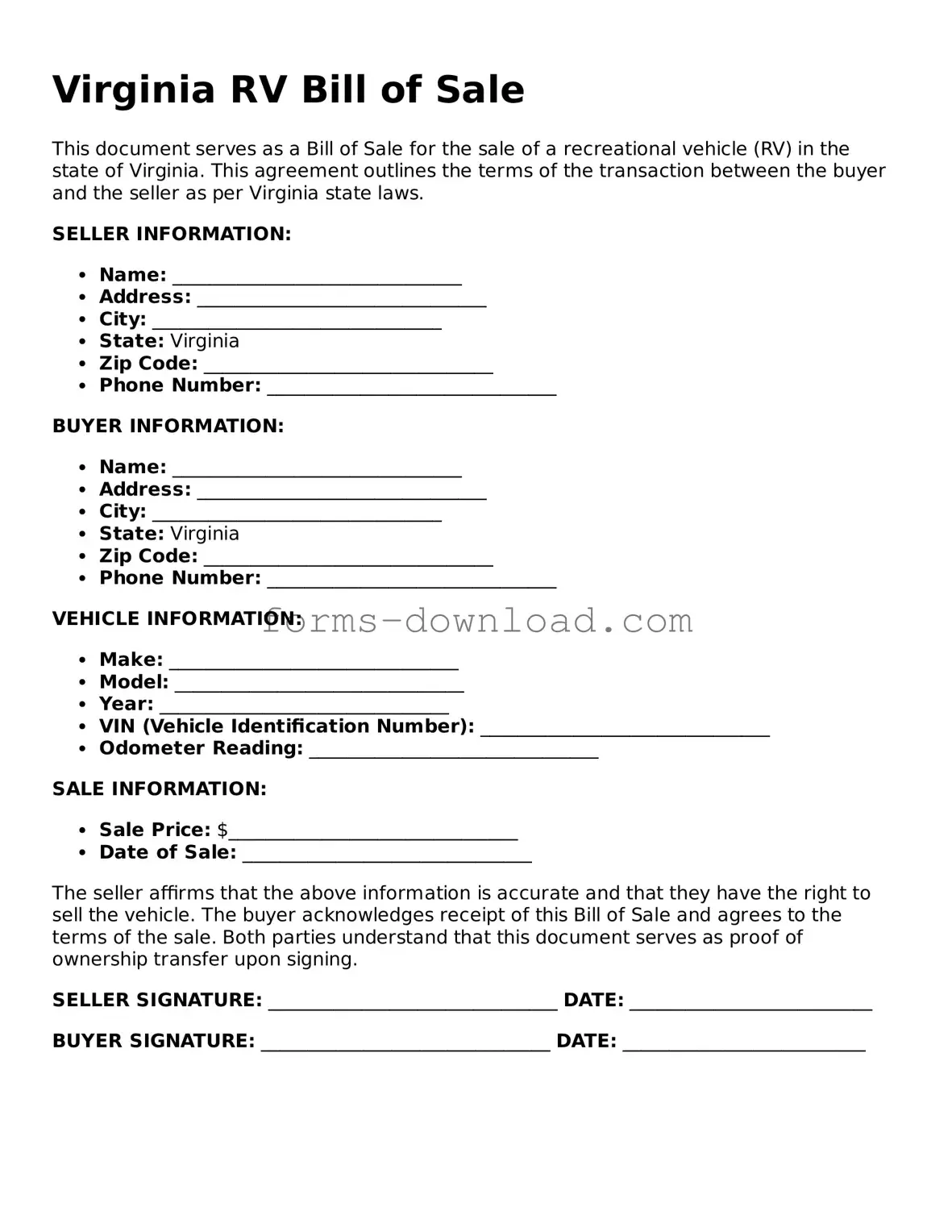Attorney-Approved RV Bill of Sale Document for the State of Virginia