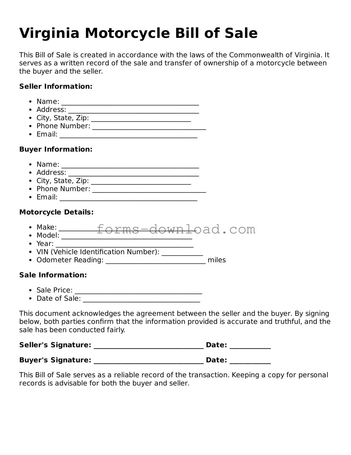 Attorney-Approved Motorcycle Bill of Sale Document for the State of Virginia