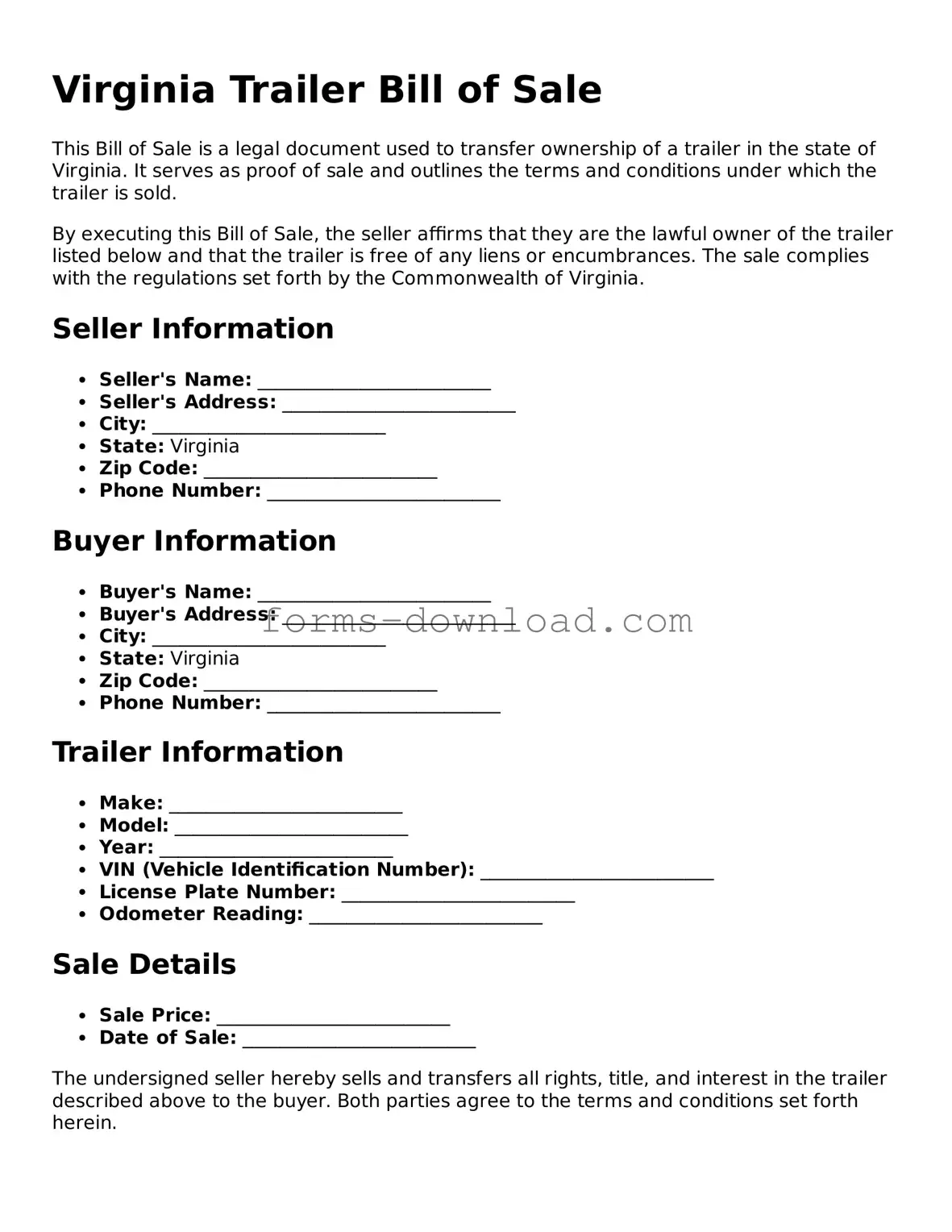 Attorney-Approved Trailer Bill of Sale Document for the State of Virginia