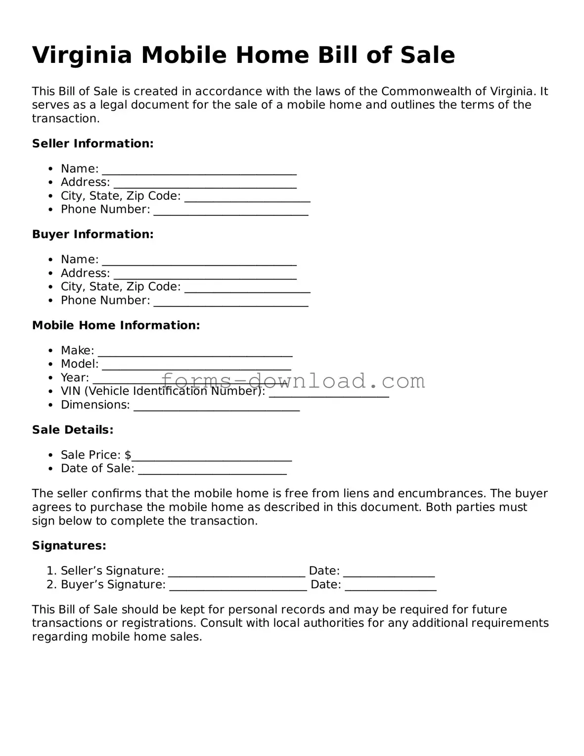 Attorney-Approved Mobile Home Bill of Sale Document for the State of Virginia