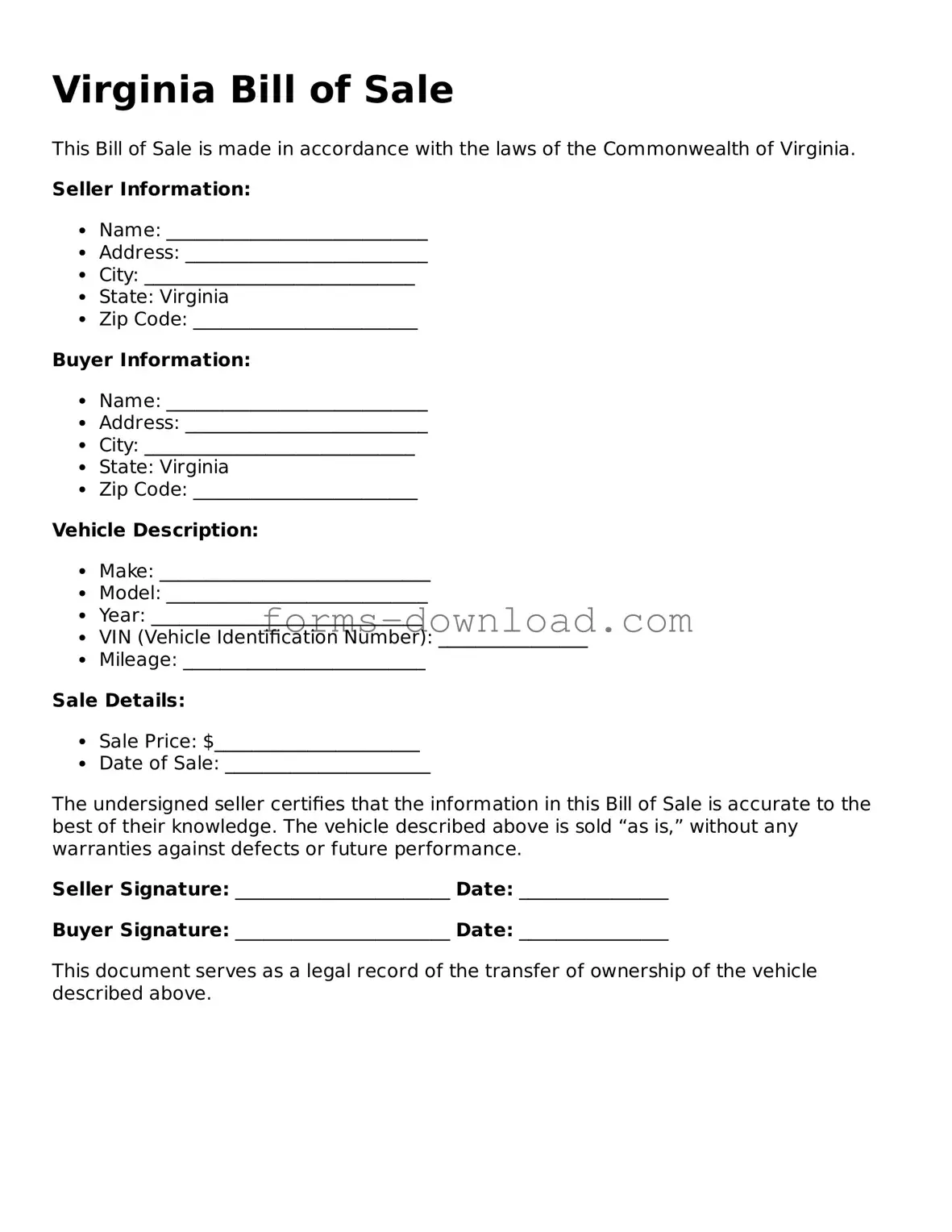 Attorney-Approved Bill of Sale Document for the State of Virginia