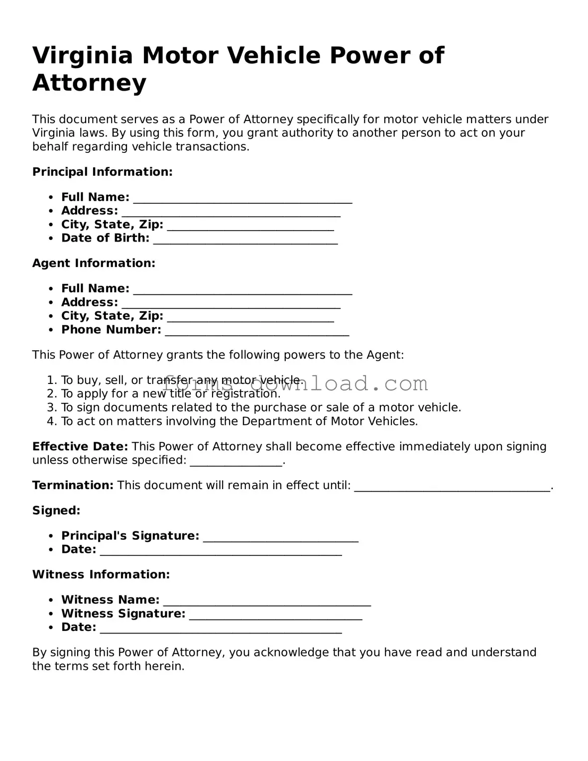 Attorney-Approved Motor Vehicle Power of Attorney Document for the State of Virginia