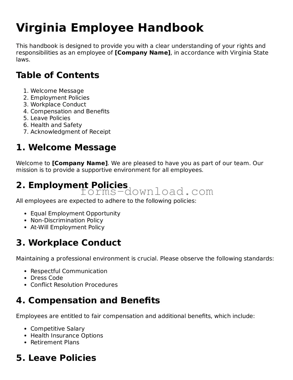 Attorney-Approved Employee Handbook Document for the State of Virginia