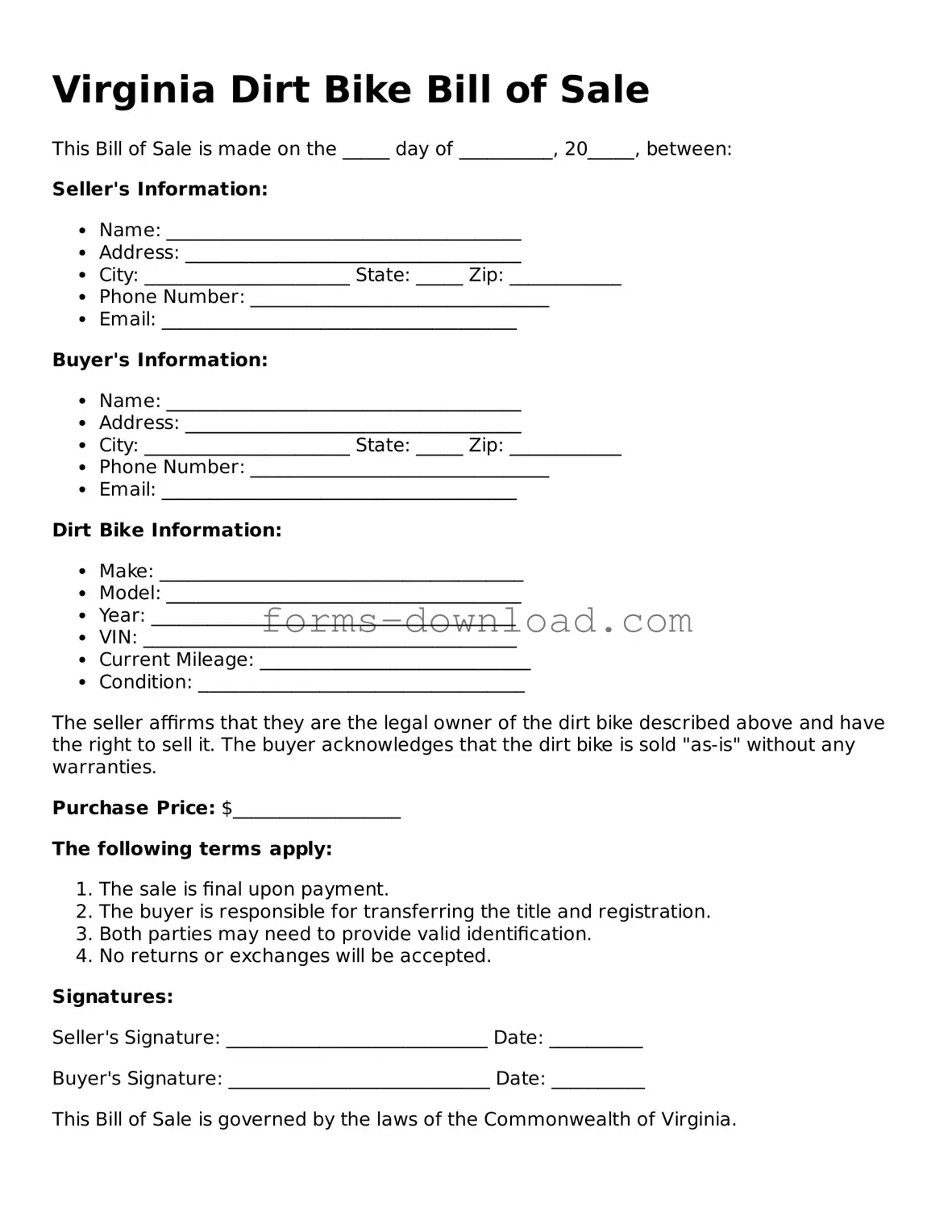 Attorney-Approved Dirt Bike Bill of Sale Document for the State of Virginia