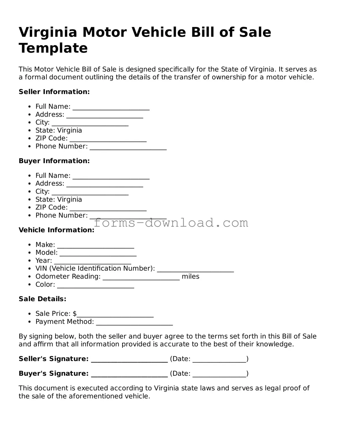 Attorney-Approved Motor Vehicle Bill of Sale Document for the State of Virginia