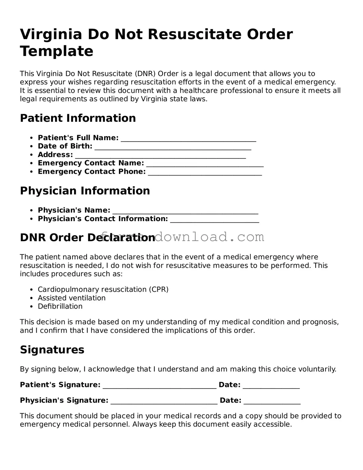 Attorney-Approved Do Not Resuscitate Order Document for the State of Virginia