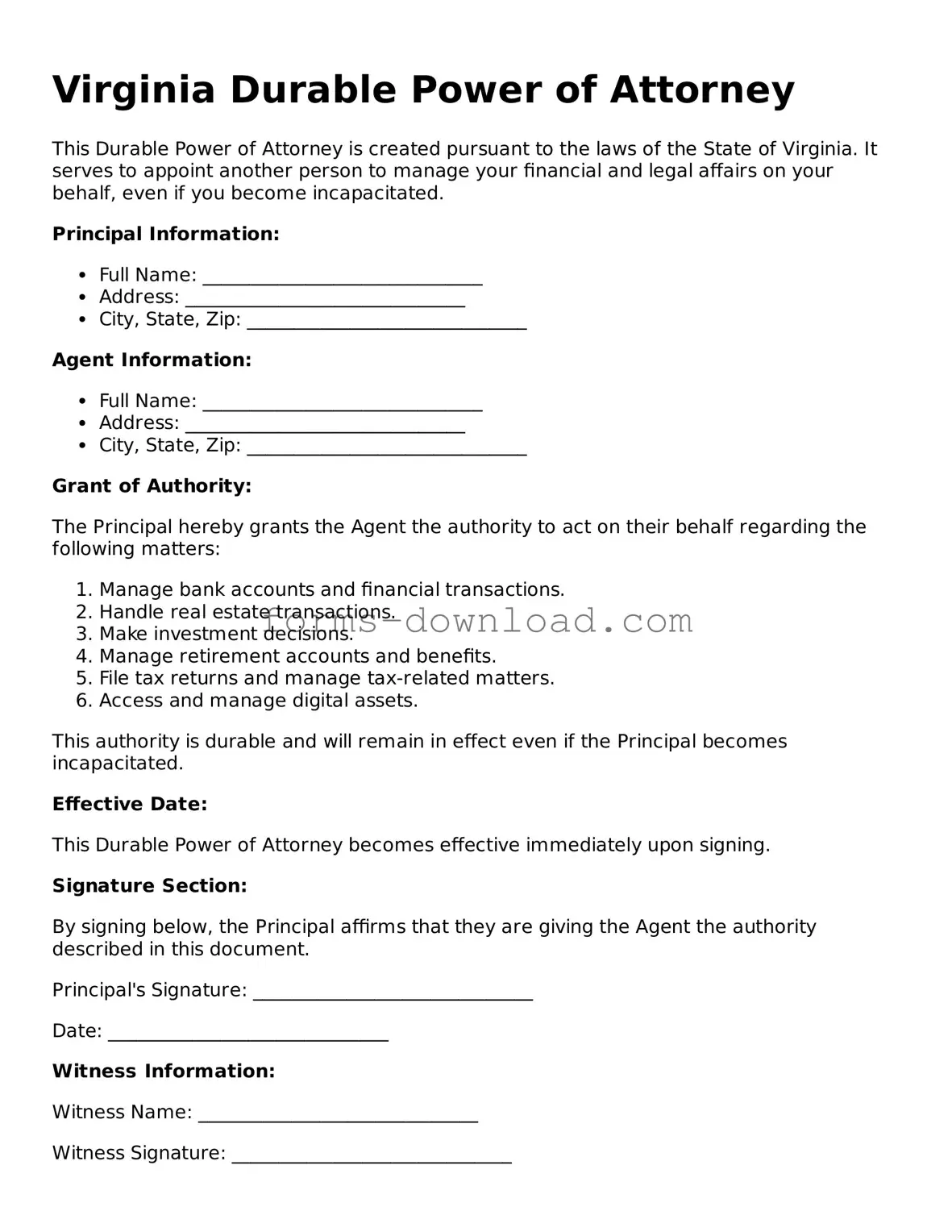 Attorney-Approved Durable Power of Attorney Document for the State of Virginia