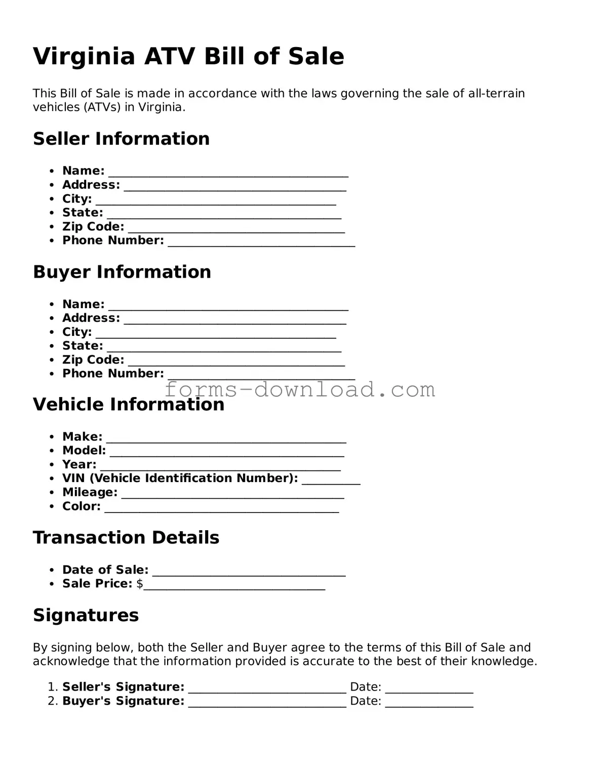 Attorney-Approved ATV Bill of Sale Document for the State of Virginia