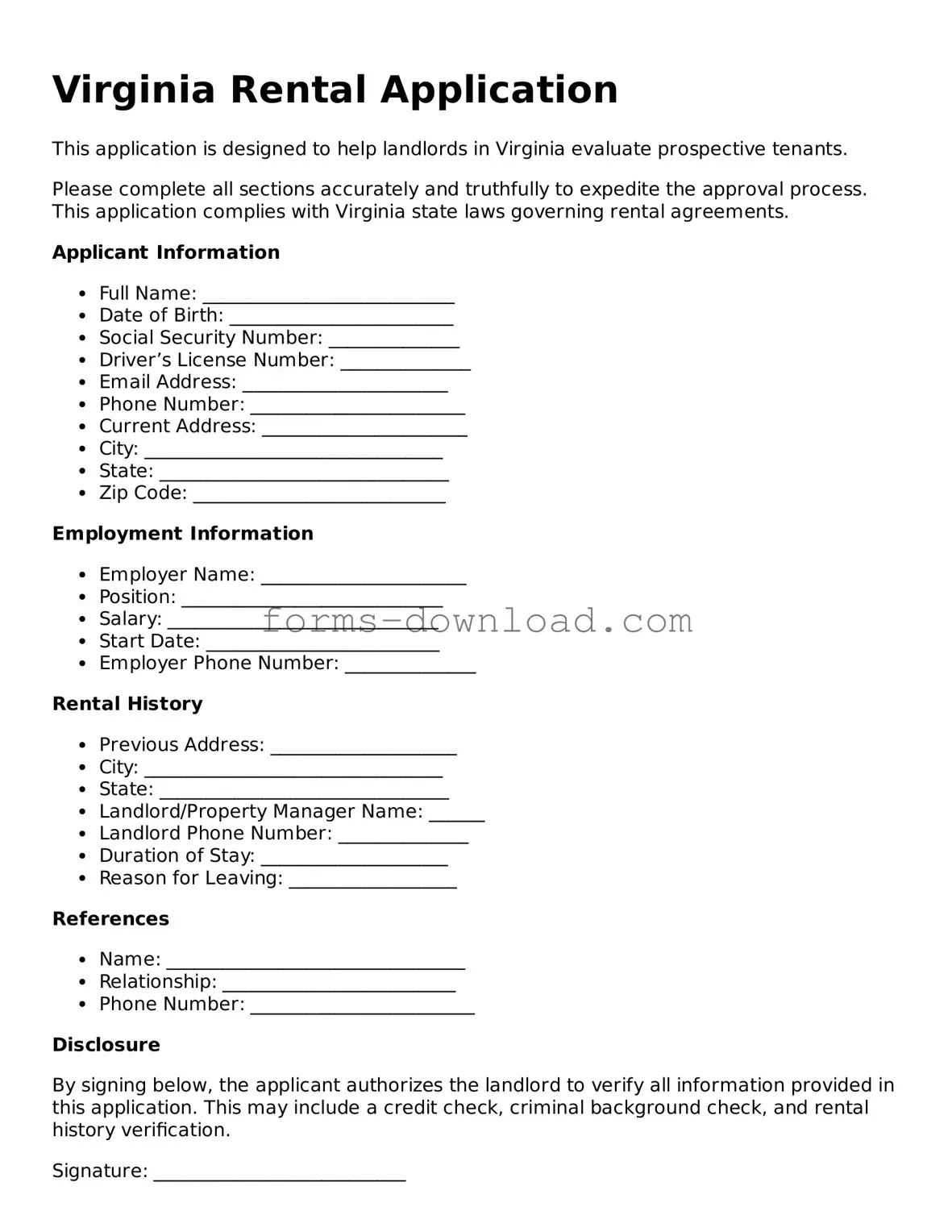 Attorney-Approved Rental Application Document for the State of Virginia