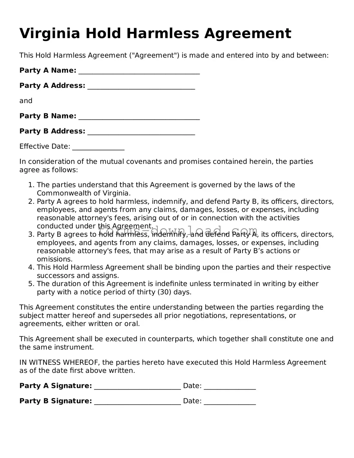 Attorney-Approved Hold Harmless Agreement Document for the State of Virginia
