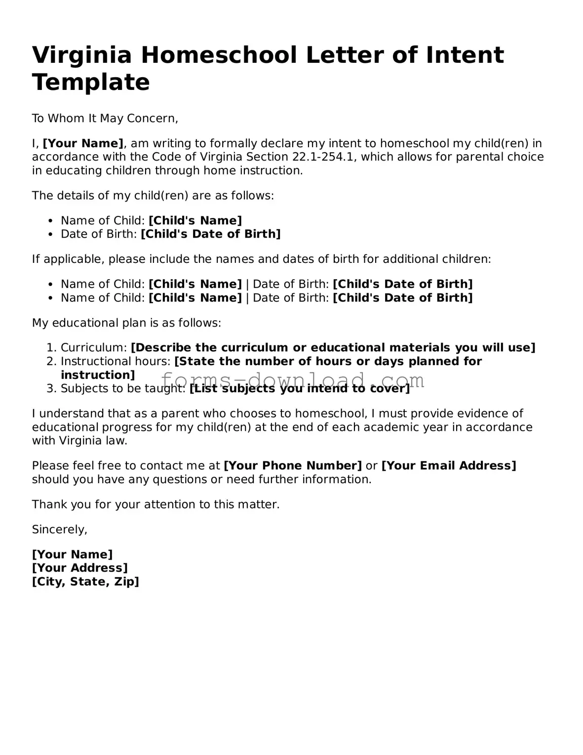 Attorney-Approved Homeschool Letter of Intent Document for the State of Virginia