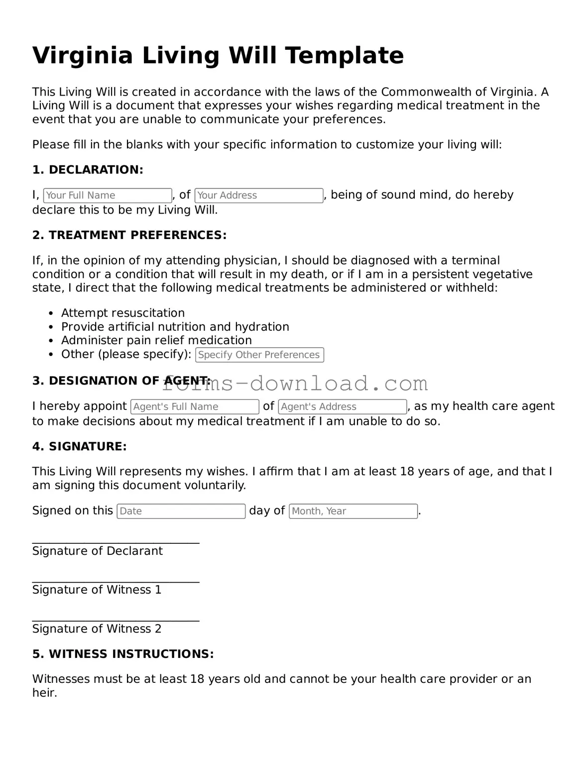 Attorney-Approved Living Will Document for the State of Virginia