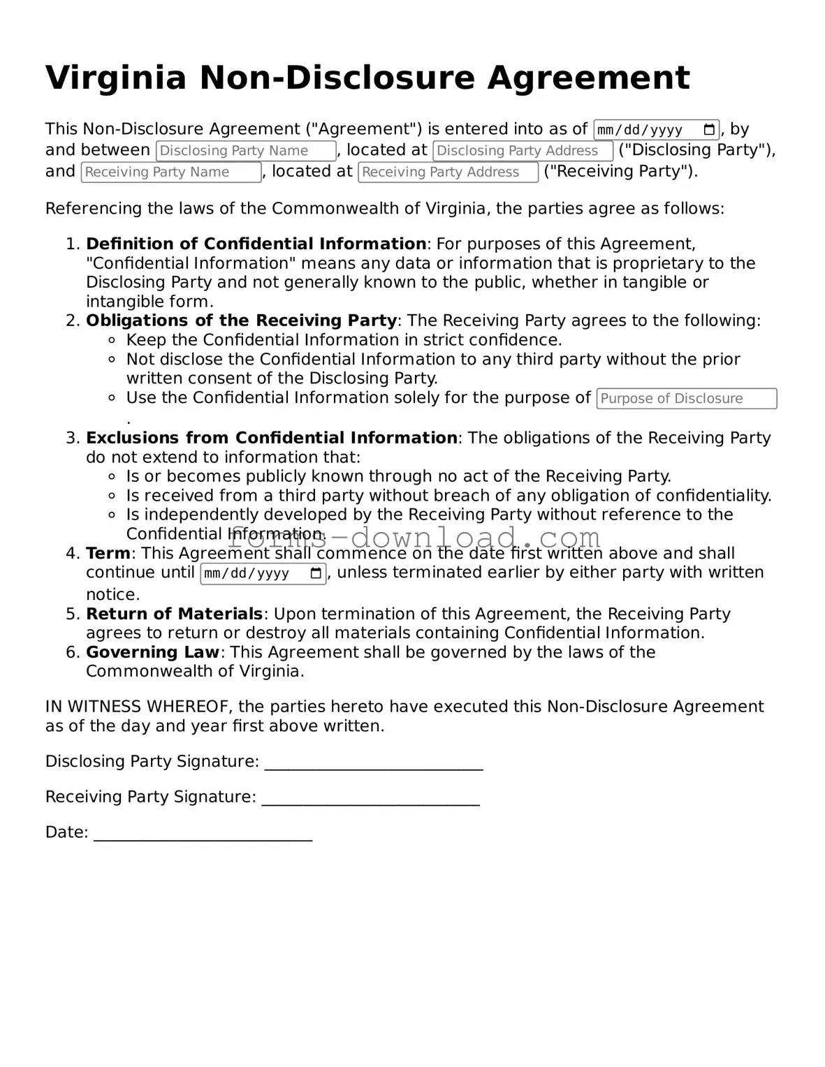 Attorney-Approved Non-disclosure Agreement Document for the State of Virginia