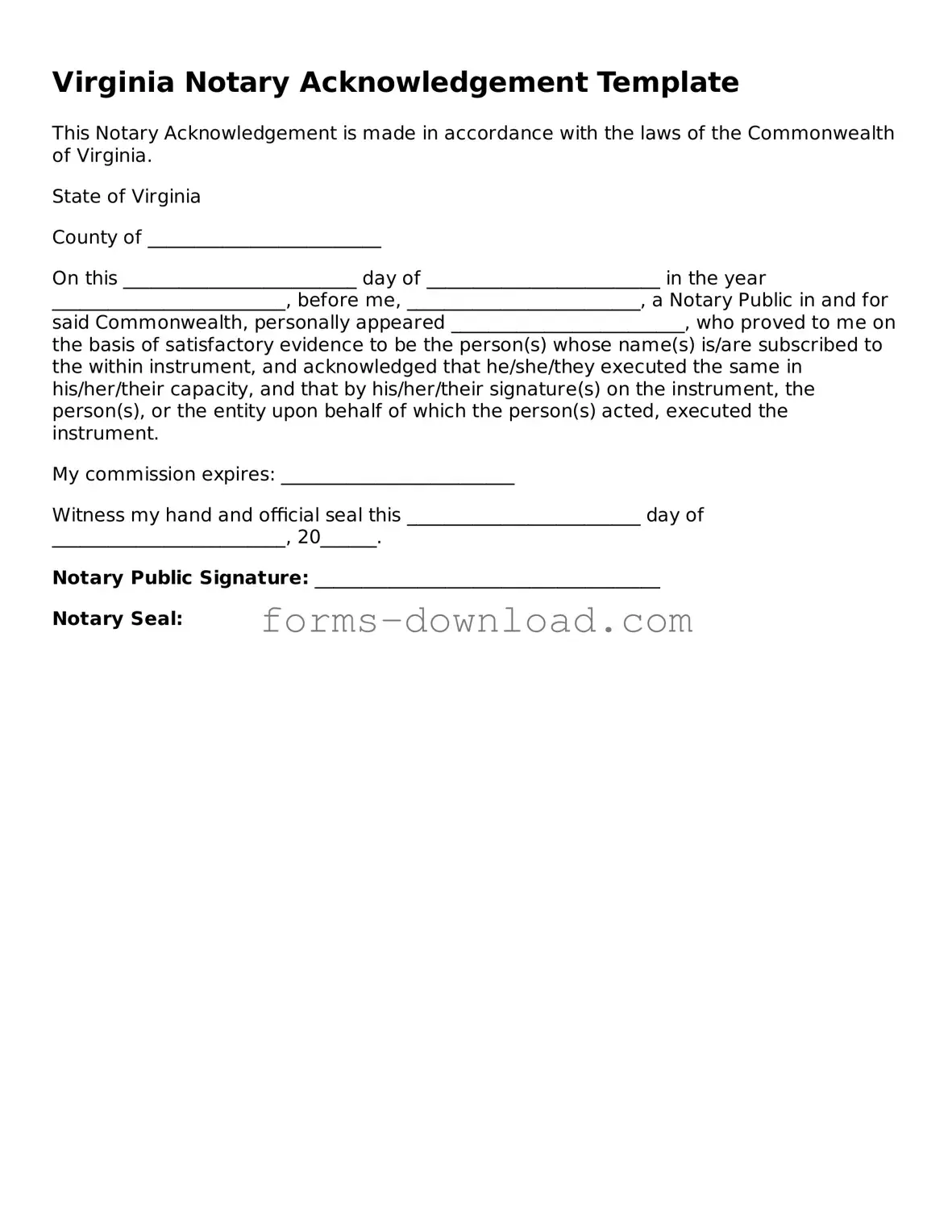 Attorney-Approved Notary Acknowledgement Document for the State of Virginia