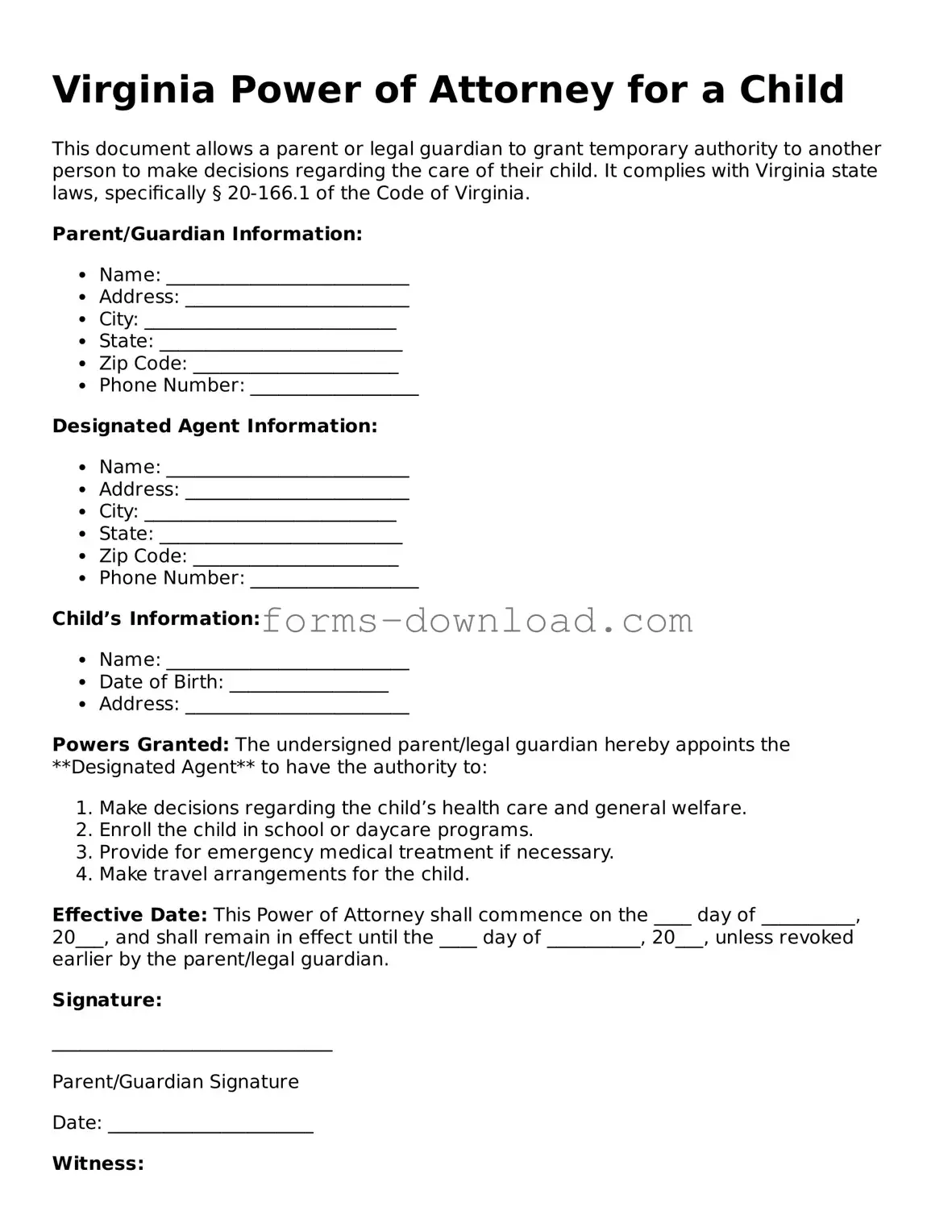Attorney-Approved Power of Attorney for a Child Document for the State of Virginia