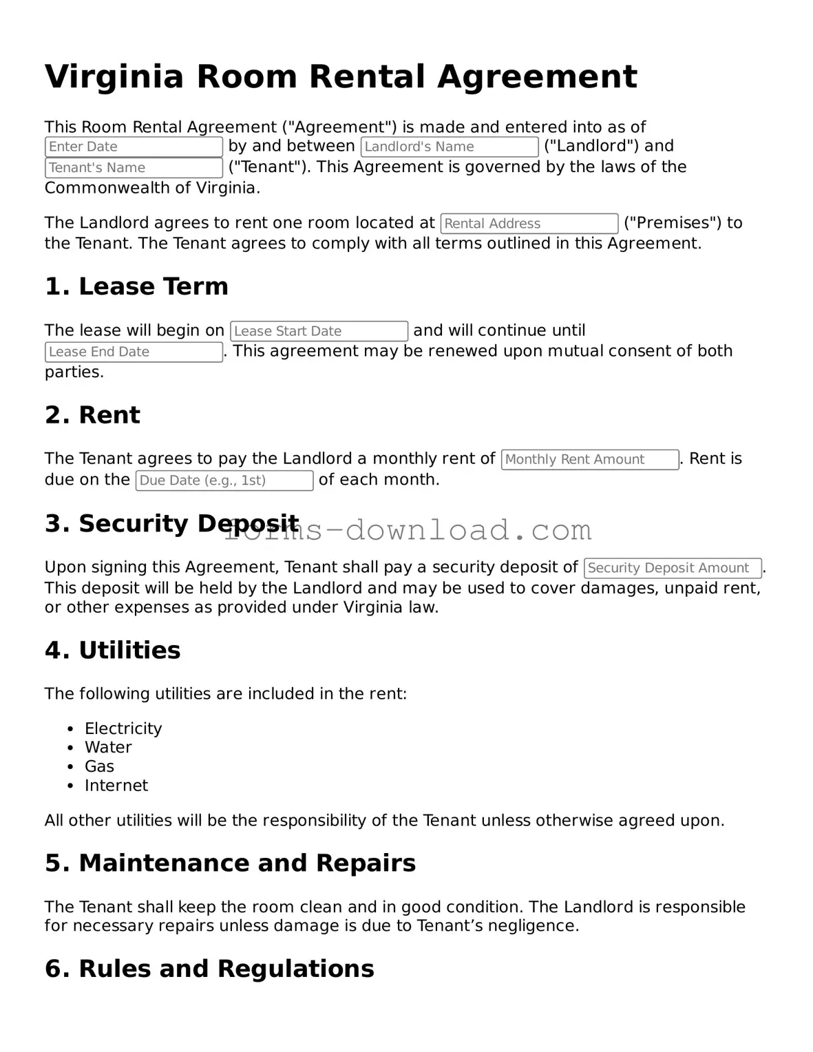 Attorney-Approved Room Rental Agreement Document for the State of Virginia