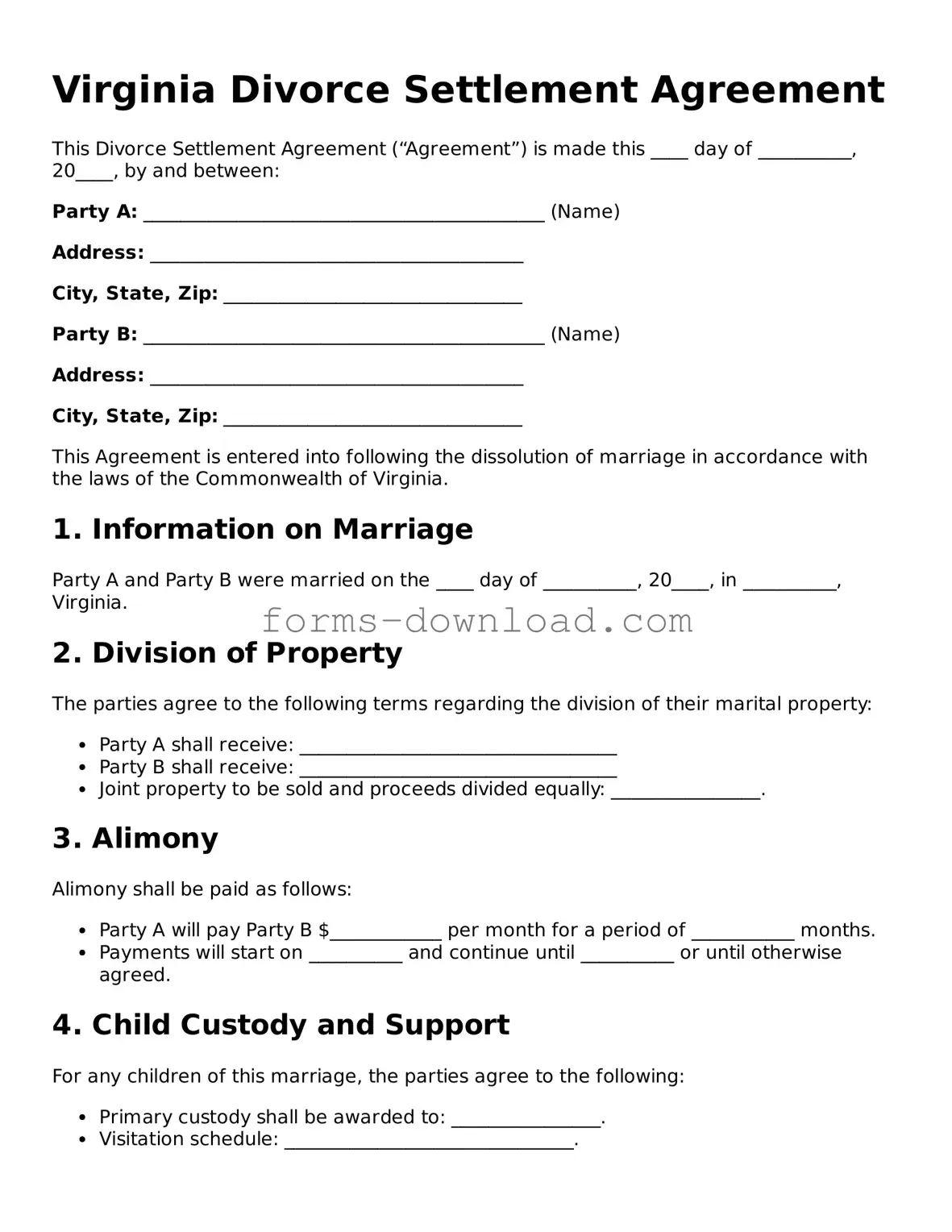 Attorney-Approved Divorce Settlement Agreement Document for the State of Virginia